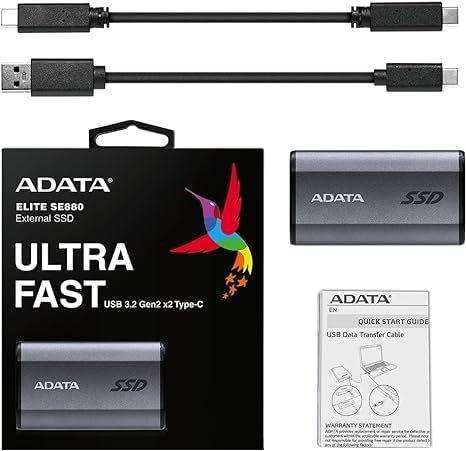 ADATA SE880 1TB External Solid State Drive/SSD, USB 3.2 Gen 2x2 Type-C, Fast Speeds of up to 2000 MB/s - AELI-SE880-1TCGY (Titanium Gray)