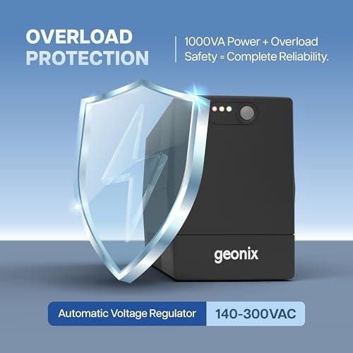 Geonix UPS 1000VA / 600W – BIS Approved Uninterruptible Power Supply for Desktop PCs | Automatic Voltage Regulator, Auto Restart, Cold Start Function – Black