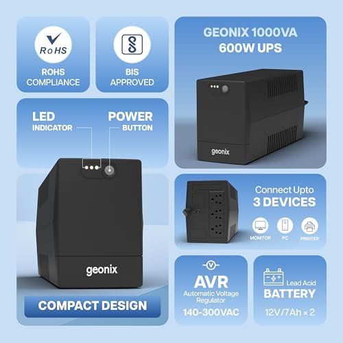 Geonix UPS 1000VA / 600W – BIS Approved Uninterruptible Power Supply for Desktop PCs | Automatic Voltage Regulator, Auto Restart, Cold Start Function – Black