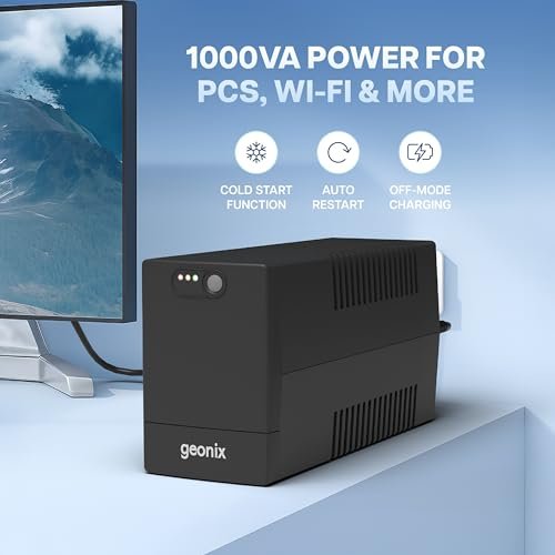 Geonix UPS 1000VA / 600W – BIS Approved Uninterruptible Power Supply for Desktop PCs | Automatic Voltage Regulator, Auto Restart, Cold Start Function – Black