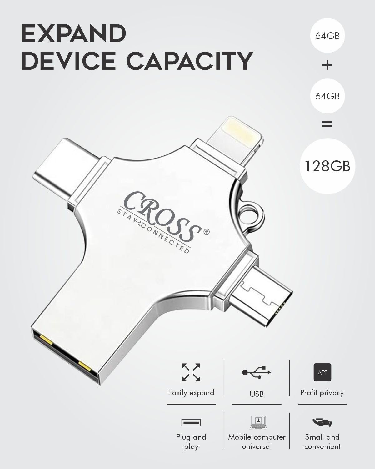 CROSS® 256 GB Pendrive, with Light-ning, Micro USB, USB A, Type-C Interface Mini PenDrive for iOS Working with iPhone 15 & 16 Series & Android Compatible with Phone, Pad, Android, PC