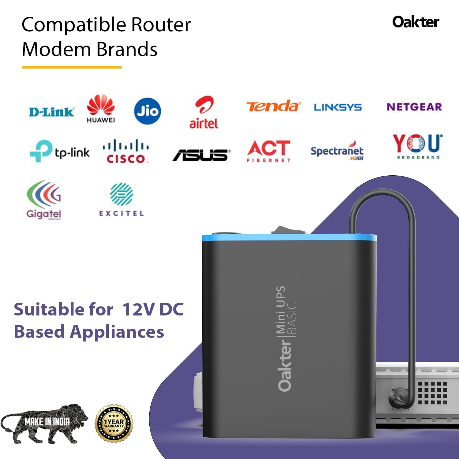 Oakter Mini UPS Basic for WiFi Router Broadband Modem | Supports 12V-2A Routers. Backup Upto 3 Hours | WiFi Router UPS Power Backup During Power Cuts| Current Surge & Deep Discharge Protection