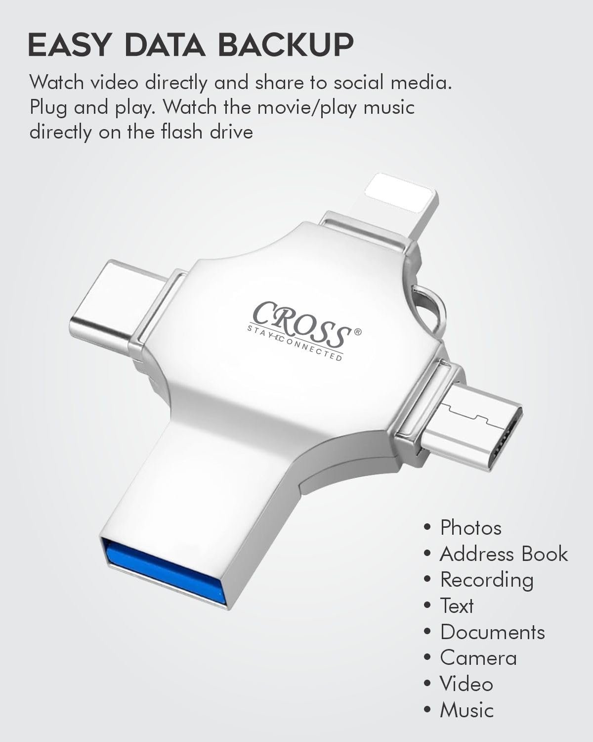 CROSS® 256 GB Pendrive, with Light-ning, Micro USB, USB A, Type-C Interface Mini PenDrive for iOS Working with iPhone 15 & 16 Series & Android Compatible with Phone, Pad, Android, PC
