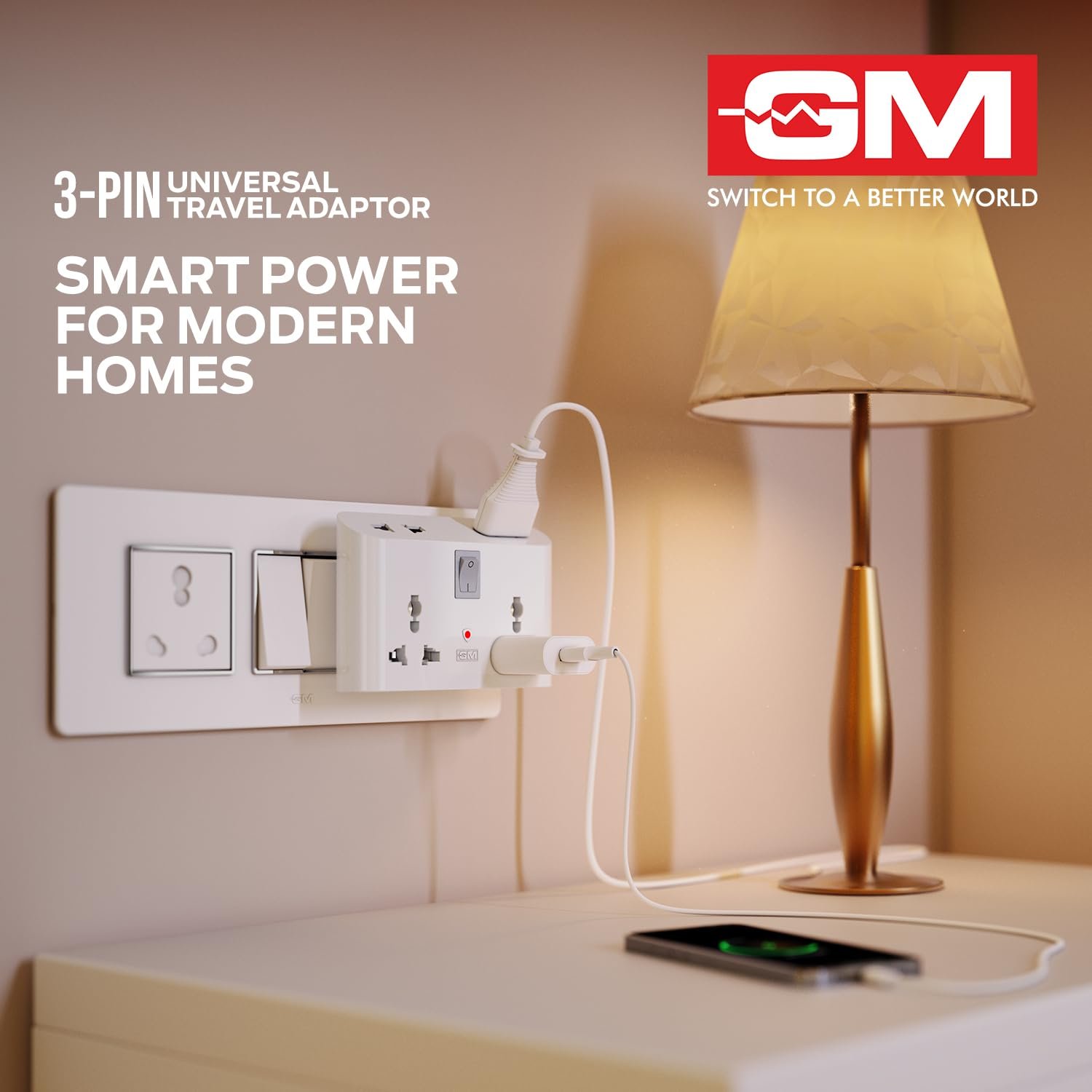 GM 3 Pin 6 AMP Universal Multiplug Travel Adapter with 4 Charging Point | Useful for Home Applications, Mobiles, Computers, Laptops | Adapter with Inbuilt Surge Protector & Power Indicator | GM 3019