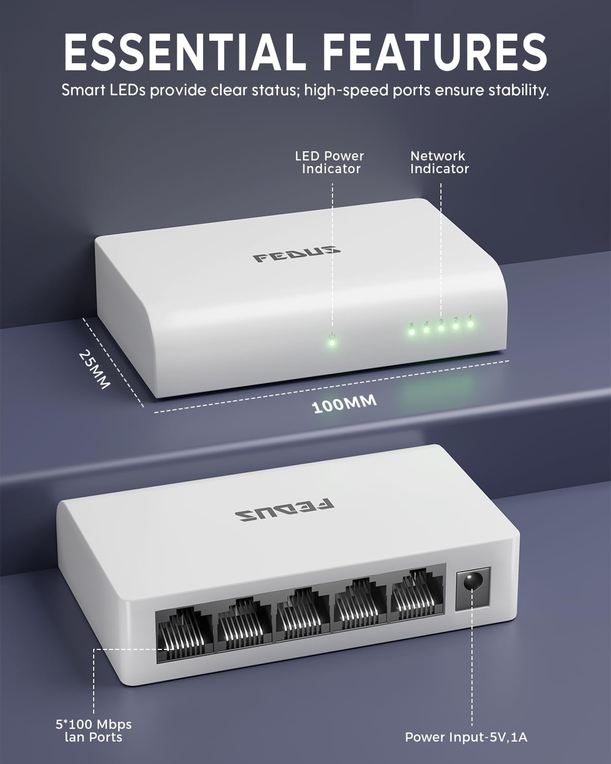 FEDUS Ethernet Switch, 10/100Mbps 5 Port Gigabit Ethernet Splitter, Plug & Play, Desktop Network Switch Hub, Unmanaged, Compact, with LED, Fanless Quiet, for Internet Cable, Laptop, Router, NAS