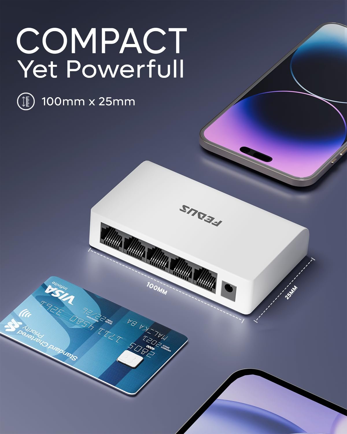 FEDUS Ethernet Switch, 10/100Mbps 5 Port Gigabit Ethernet Splitter, Plug & Play, Desktop Network Switch Hub, Unmanaged, Compact, with LED, Fanless Quiet, for Internet Cable, Laptop, Router, NAS