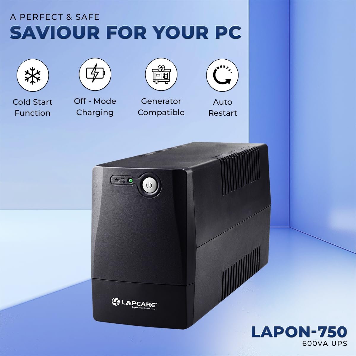 Lapcare Lapon-750 600VA /360W, 230V, UPS System, an Ideal Power Backup & Protection for Home Office, Desktop PC & Home Electronics, Lead Acid Battery, Black