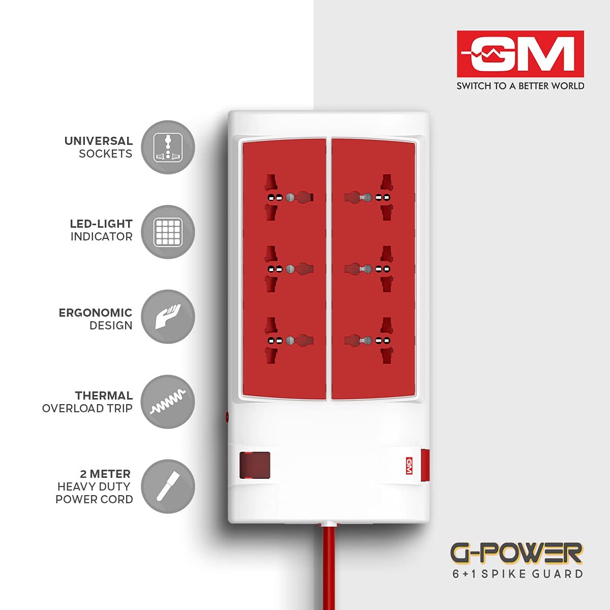 GM 3059 Power Strip | 6 Universal Sockets + Master Switch | 2m Heavy-Duty Cord | Surge Protector | Child Safety Shutters | LED Indicator | Extension Board for Home & Office