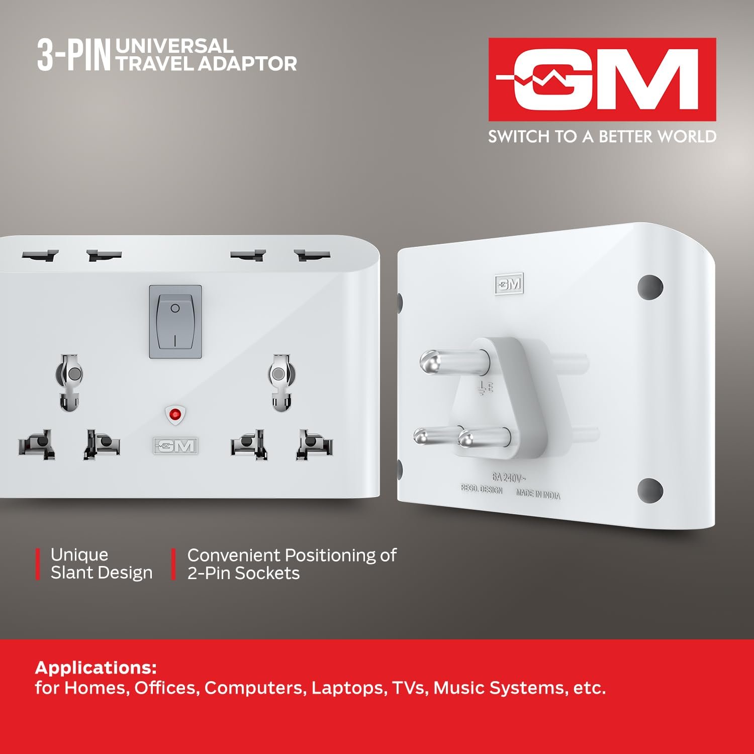 GM 3 Pin 6 AMP Universal Multiplug Travel Adapter with 4 Charging Point | Useful for Home Applications, Mobiles, Computers, Laptops | Adapter with Inbuilt Surge Protector & Power Indicator | GM 3019