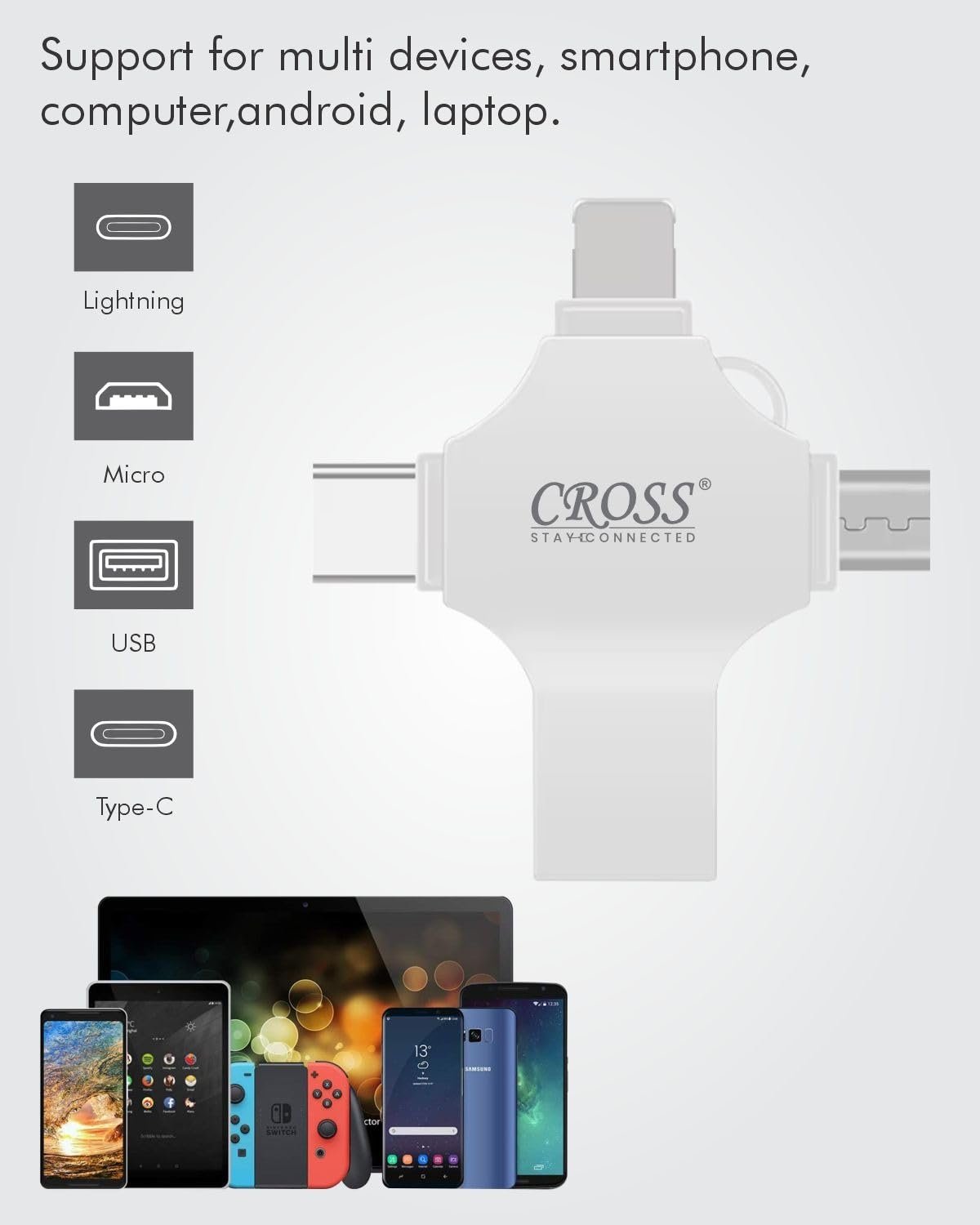 CROSS® 256 GB Pendrive, with Light-ning, Micro USB, USB A, Type-C Interface Mini PenDrive for iOS Working with iPhone 15 & 16 Series & Android Compatible with Phone, Pad, Android, PC