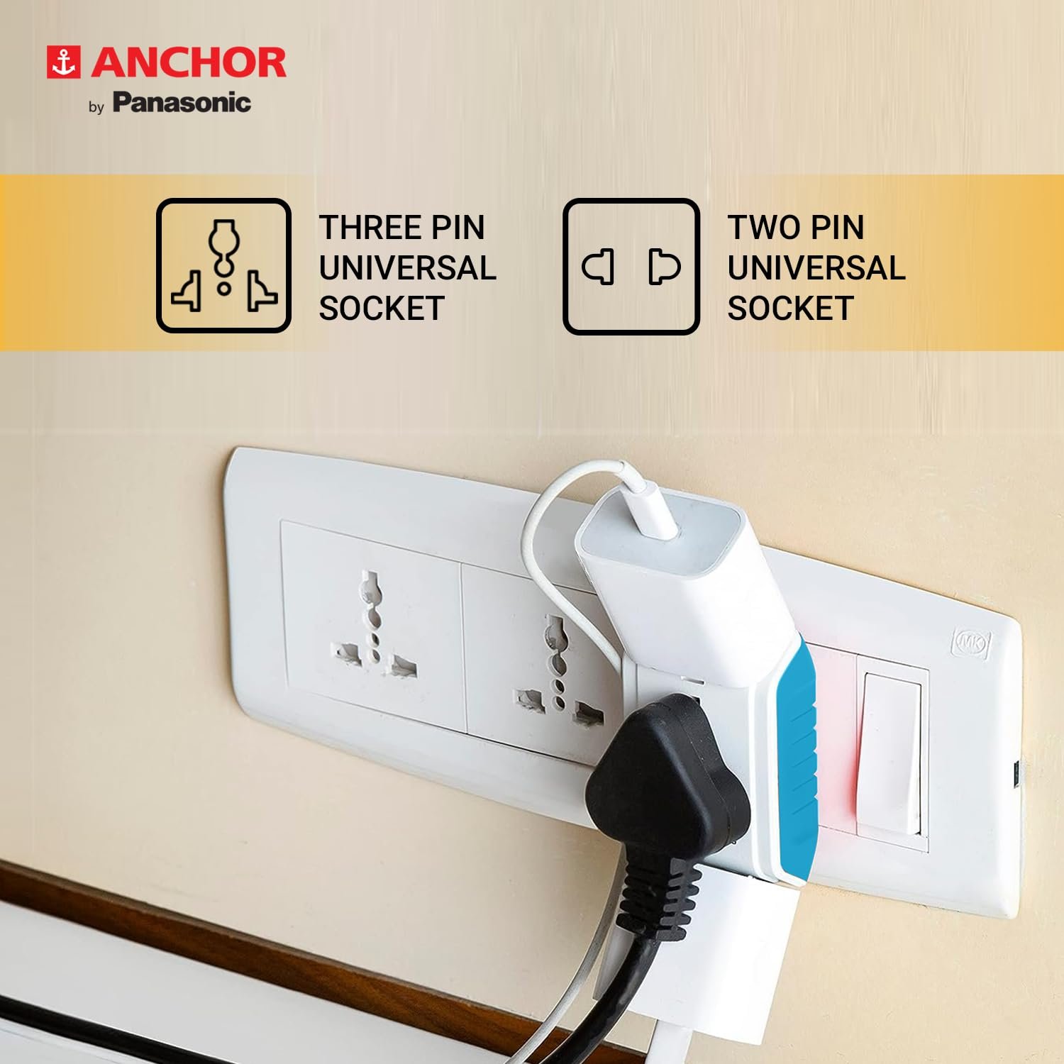 Anchor by Panasonic 22843 6A 3 Pin Multiplug Adaptor with Surge Protection (White & Blue)