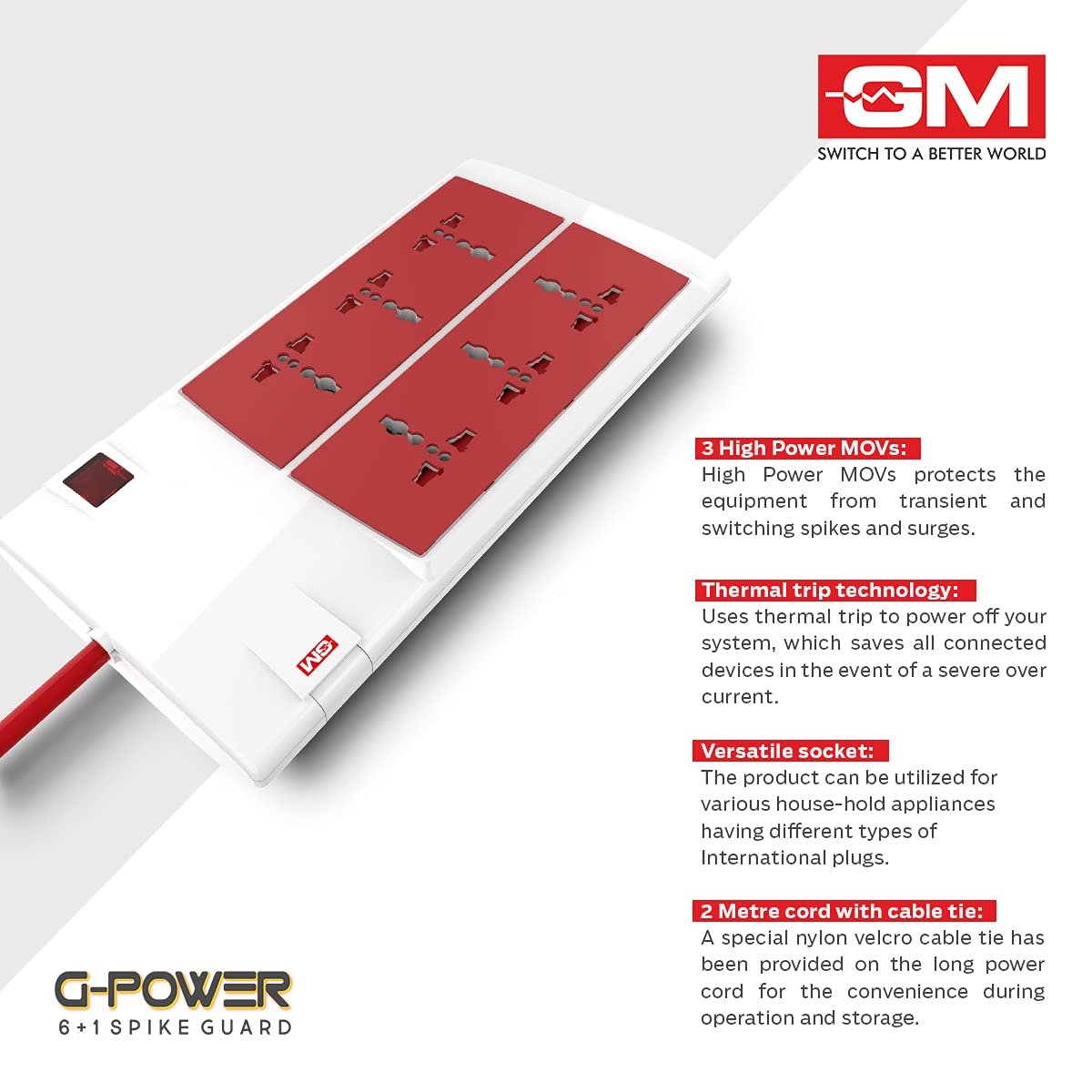 GM 3059 Power Strip | 6 Universal Sockets + Master Switch | 2m Heavy-Duty Cord | Surge Protector | Child Safety Shutters | LED Indicator | Extension Board for Home & Office