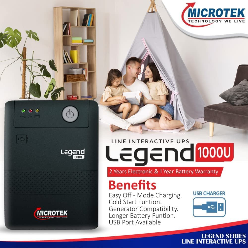 Microtek Legend 1000 Line Interactive UPS 1000VA/600W, Micro Processor Based UPS System, an Ideal Power Backup & Protection for Desktop PC & Home Office with 2 Years on Electronics & 1 year on Battery