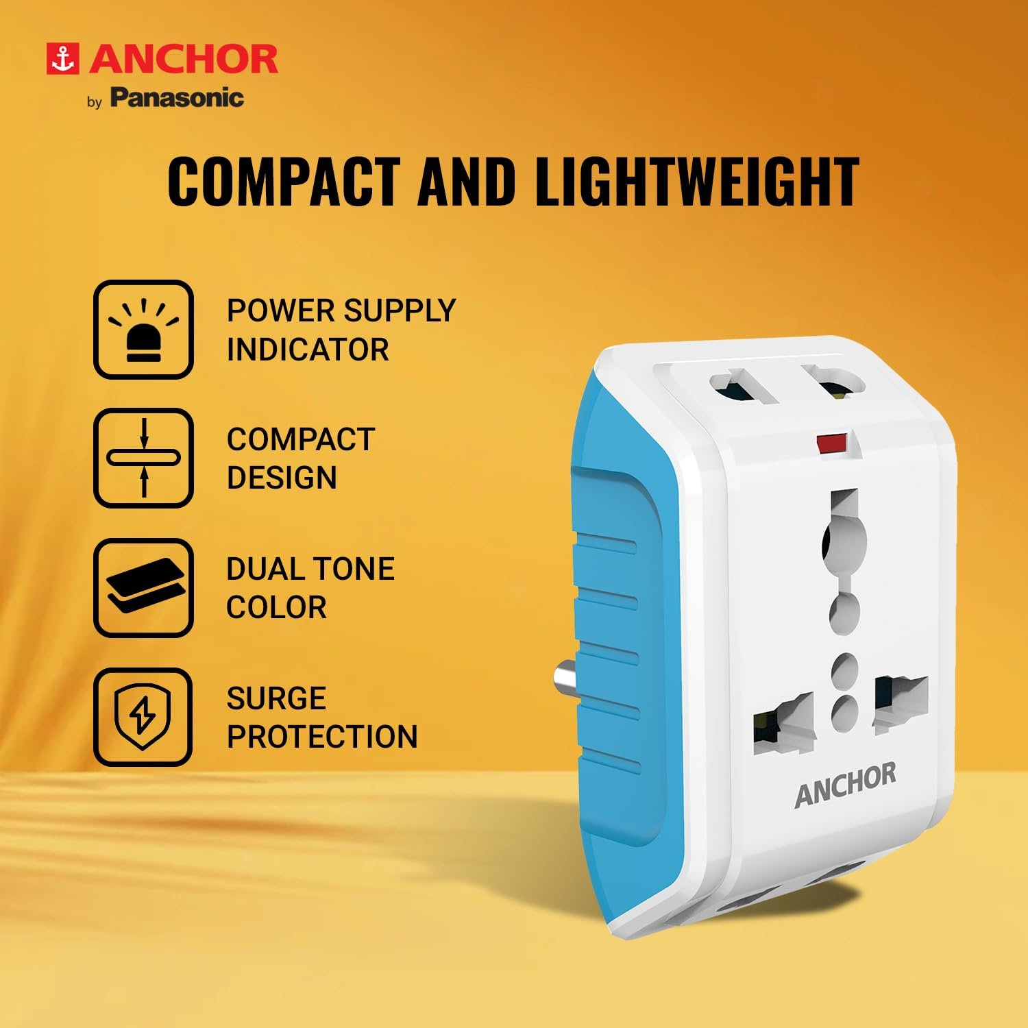 Anchor by Panasonic 22843 6A 3 Pin Multiplug Adaptor with Surge Protection (White & Blue)