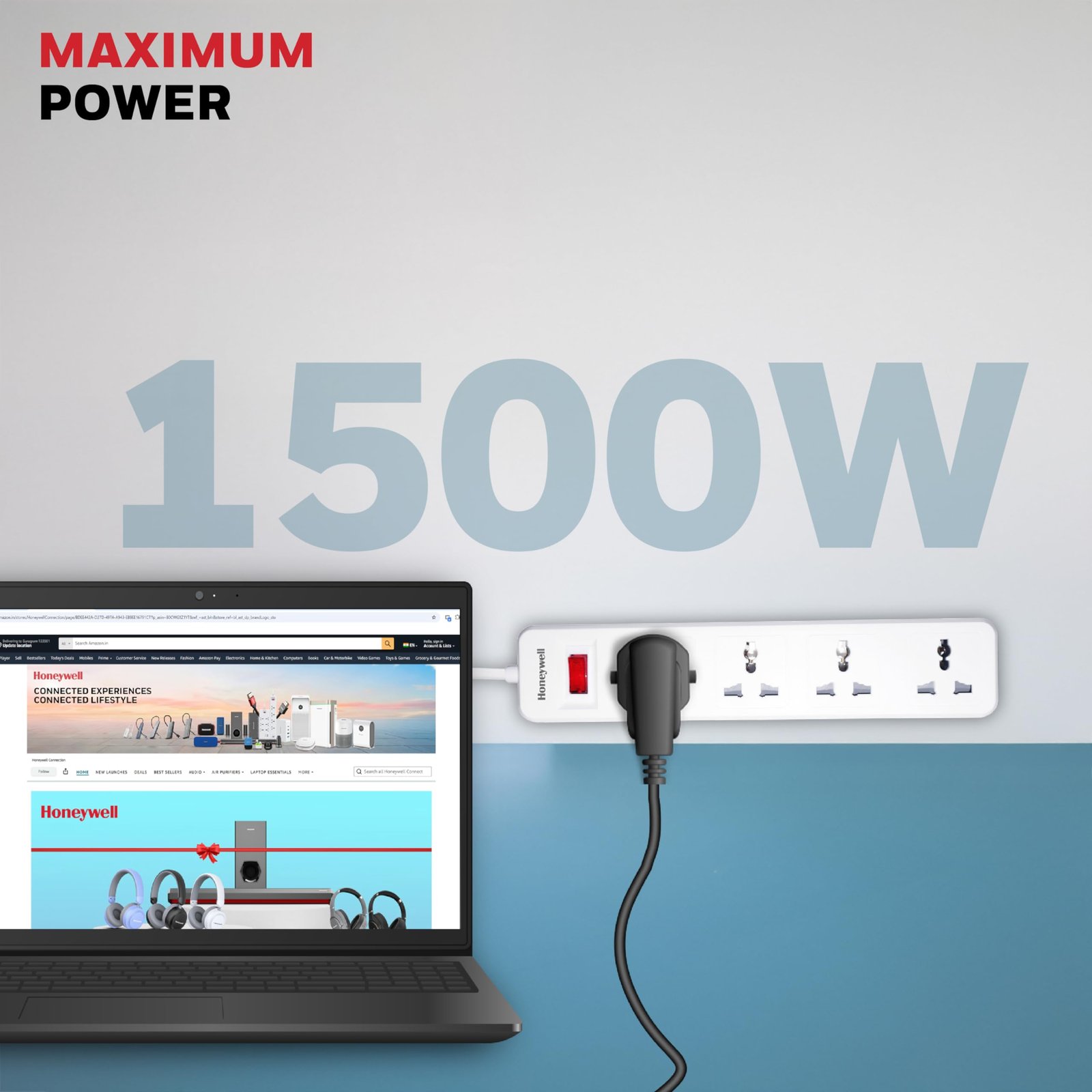 Honeywell 4 Outlet Extension Board with Master Switch, 6 Amps, 250V, 4 International Sockets, Pure Copper, 6 Advanced Safety Features, 2 Meter Power Cord, BIS Certified, 1 Year Warranty