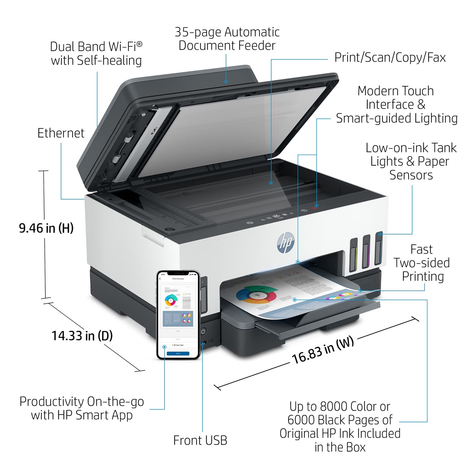 HP Smart Tank 790 All-in-One Auto Duplex WiFi Colour Printer with ADF and FAX, Print, Scan & Copy for Office with ADF and FAX