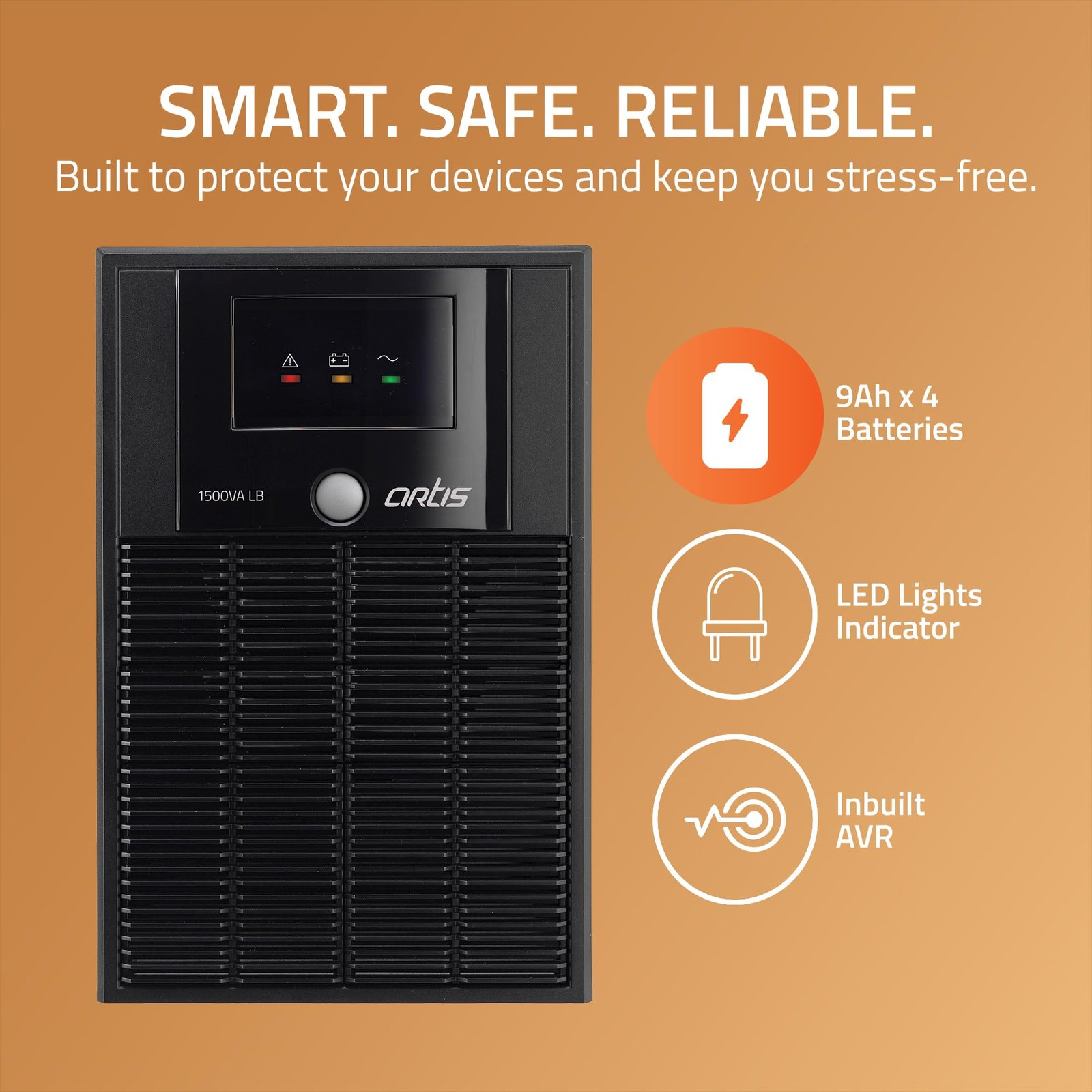 Artis Powersafe 1500VA / 900W Longer Backup UPS (4 x 9AH Batteries) for Personal/Gaming Computers, Desktop PCs, Laptops, Routers, Networking Devices and Gaming Consoles.