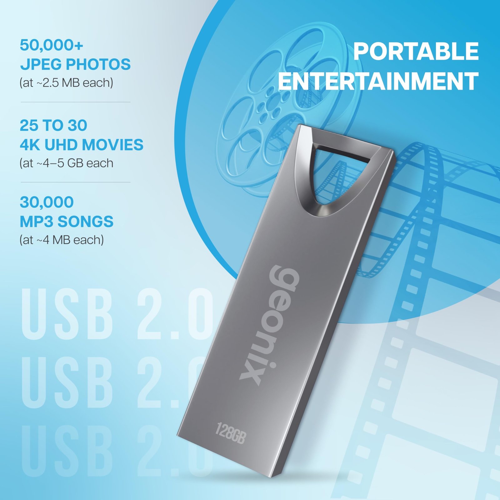 Geonix Pendrive I Silver I USB 2.0 I Keyring Design I Lightweight I Variant 128GB I 5 Years Warranty 128GB