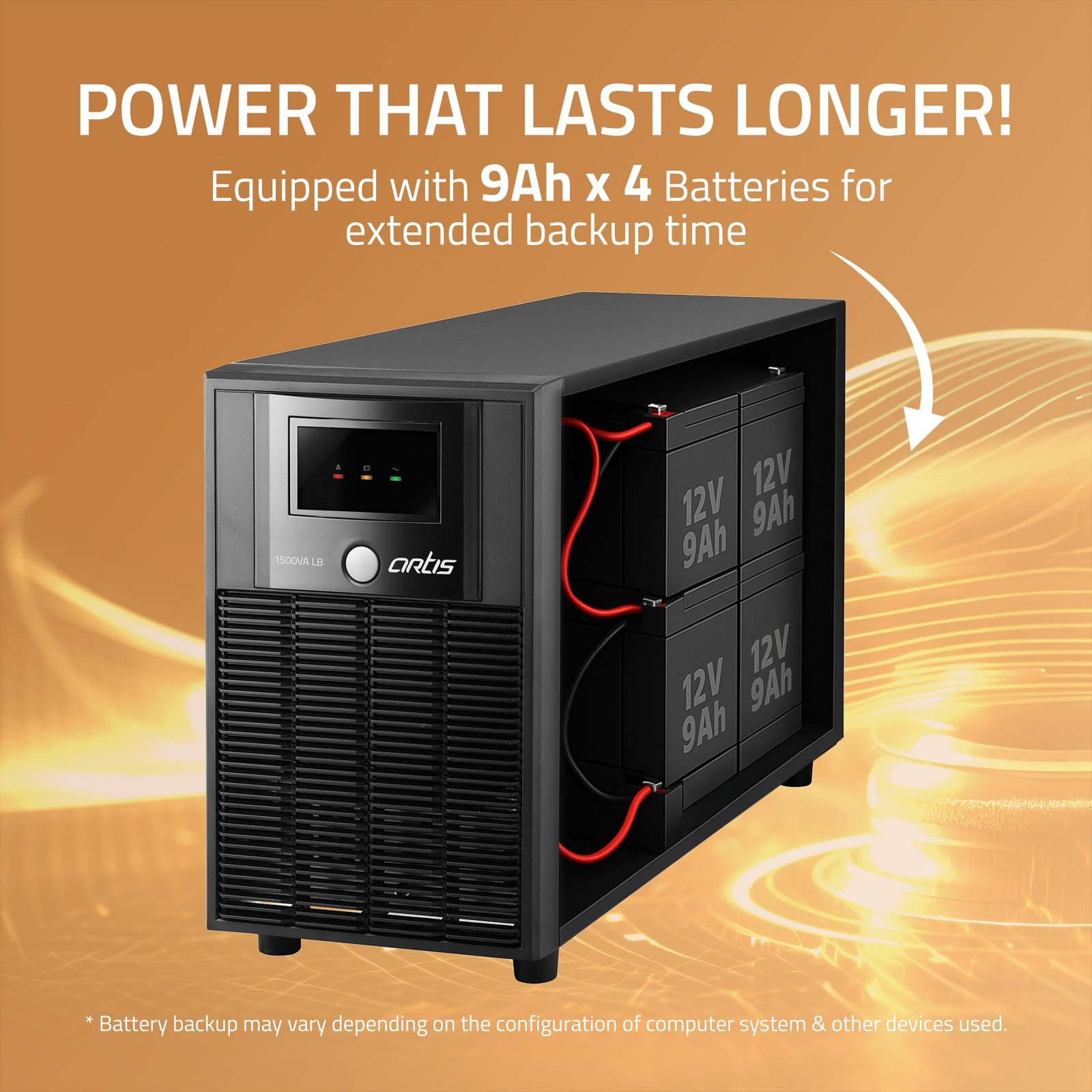 Artis Powersafe 1500VA / 900W Longer Backup UPS (4 x 9AH Batteries) for Personal/Gaming Computers, Desktop PCs, Laptops, Routers, Networking Devices and Gaming Consoles.