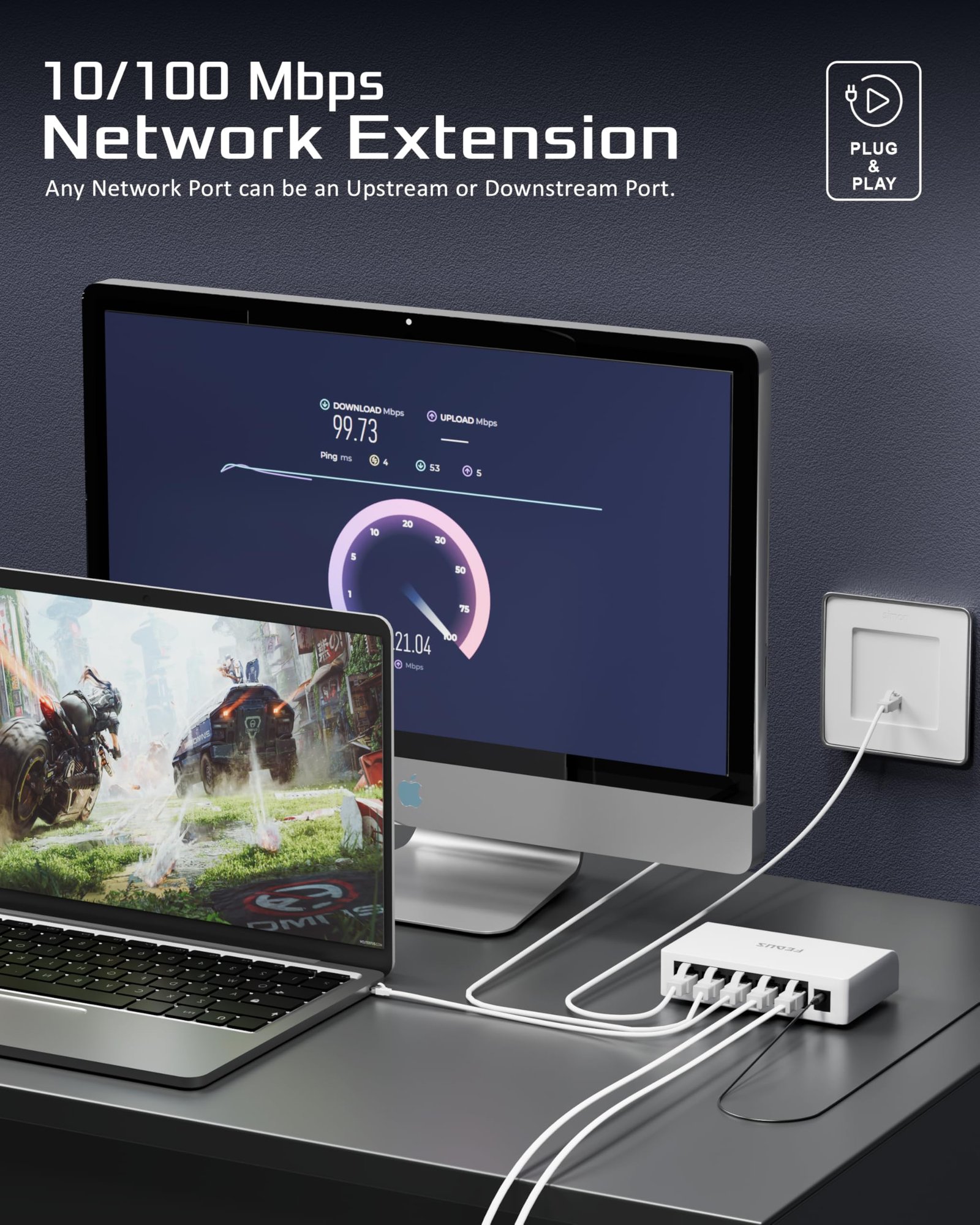 FEDUS Ethernet Switch, 10/100Mbps 5 Port Gigabit Ethernet Splitter, Plug & Play, Desktop Network Switch Hub, Unmanaged, Compact, with LED, Fanless Quiet, for Internet Cable, Laptop, Router, NAS