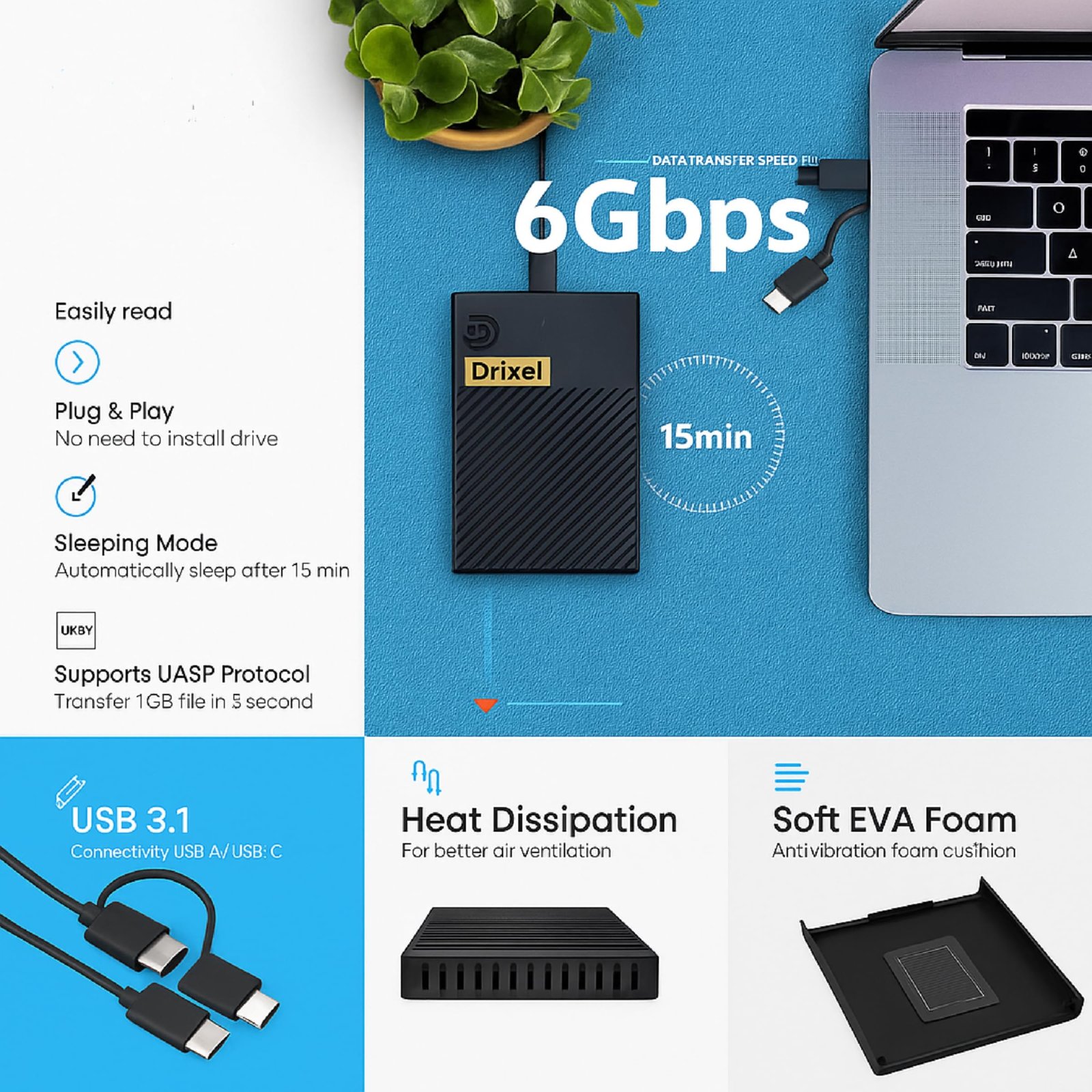 MAYUMI DRIXEL Ultra Hi-Speed Portable Hard Drive, Type-C USB 3.1, 2-in-1 Mobile and PC Compatible, Heavy Duty Ultra Slim HDD, 2 Yrs Warranty (DRIXEL HS, 1 TB)