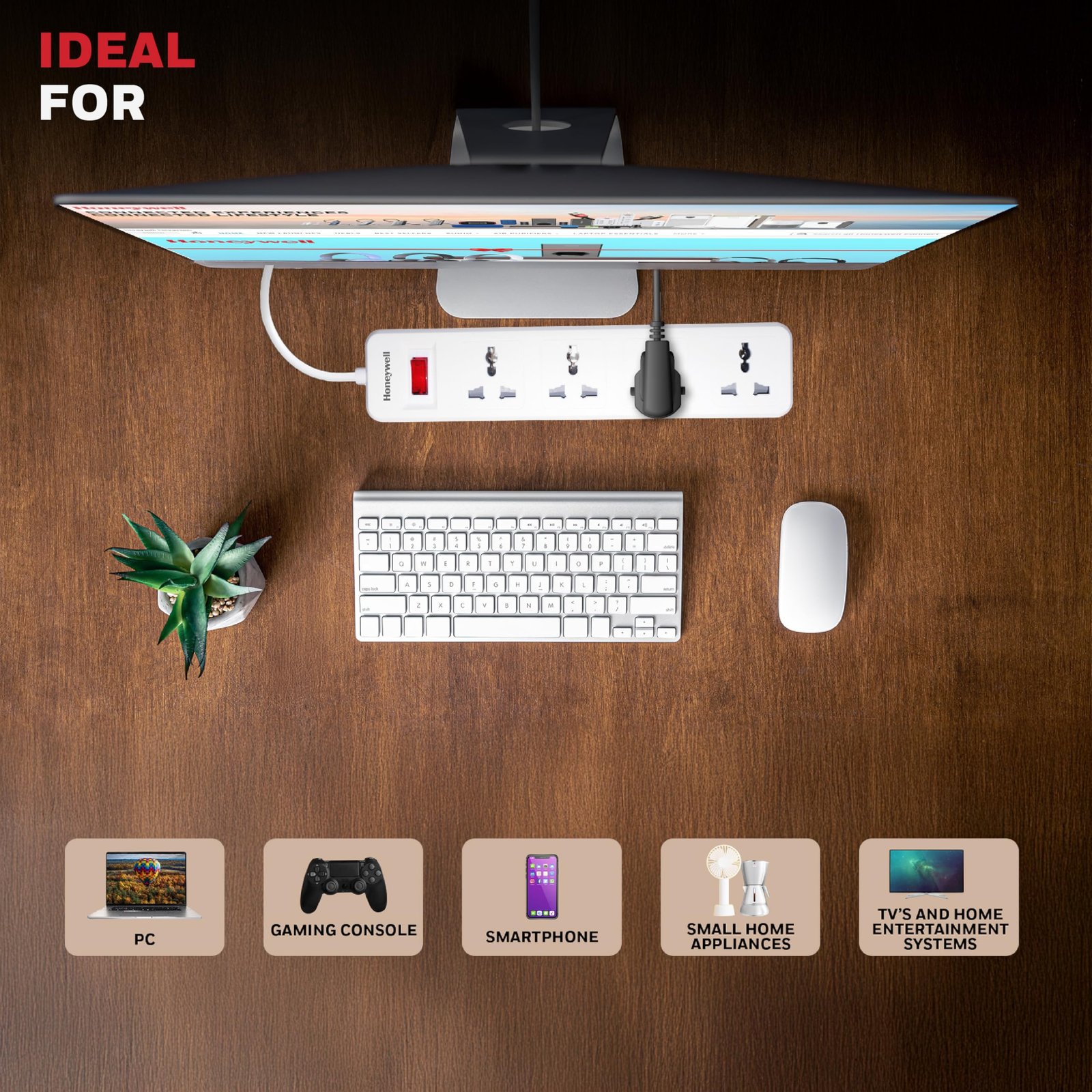 Honeywell 4 Outlet Extension Board with Master Switch, 6 Amps, 250V, 4 International Sockets, Pure Copper, 6 Advanced Safety Features, 2 Meter Power Cord, BIS Certified, 1 Year Warranty